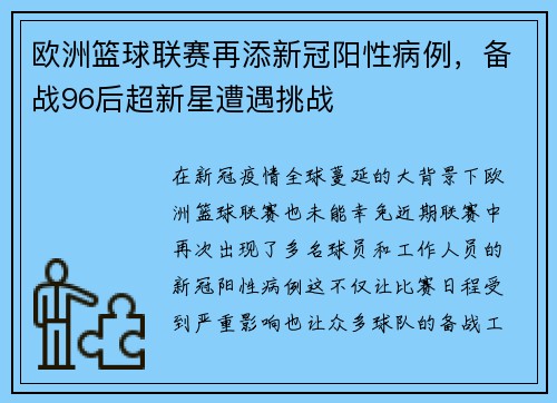 欧洲篮球联赛再添新冠阳性病例，备战96后超新星遭遇挑战